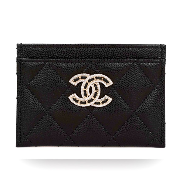CHANEL Black Caviar Crystal Card& Money Holder Wallet W/ Light Gold Hardware EUC - Picture 1 of 8